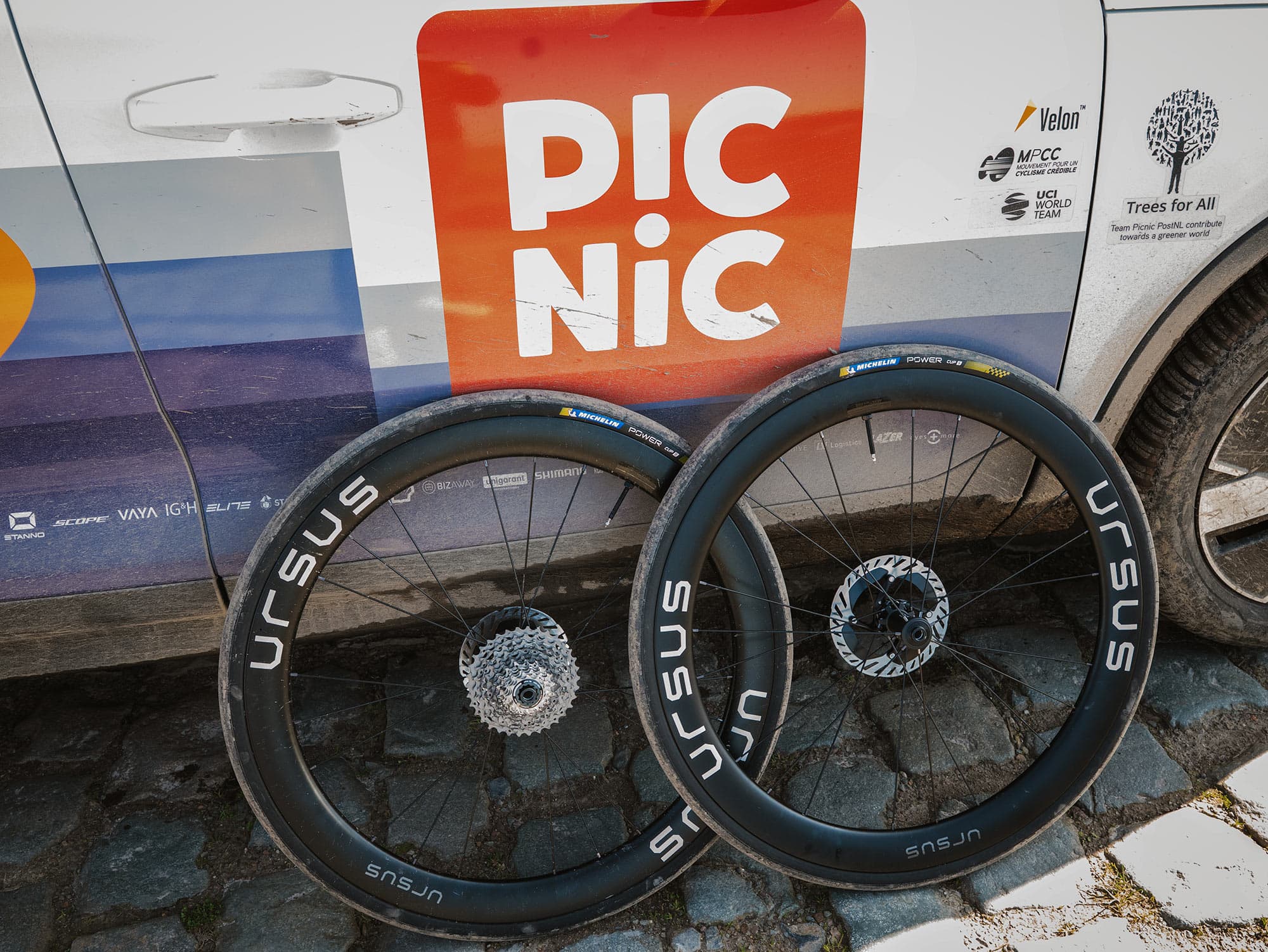 ursus arya g all-road gravel bike wheels with PBO spokes being tested at Paris-Roubaix.
